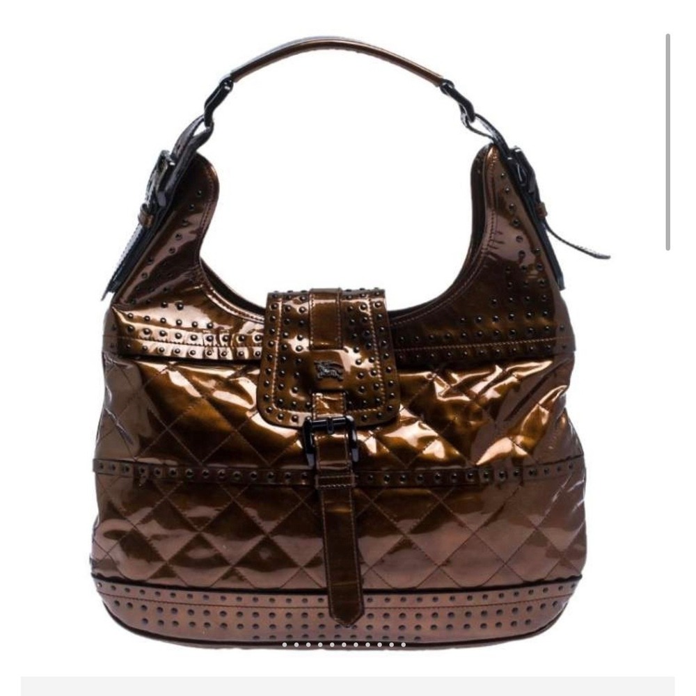 Burberry Prorsum Metallic Bronze Quilted Patent Leather Studded Hobo Bag Italy